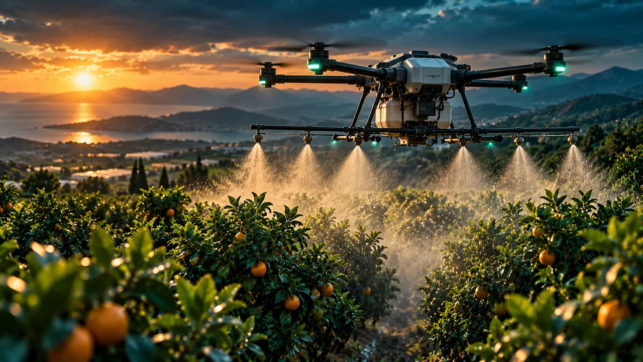 Narenciye bahçesini ilaçlayan tarım dronu