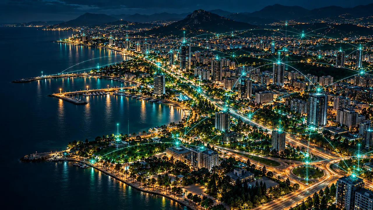 Gece akıllı aydınlatma ağıyla kıyı kenti